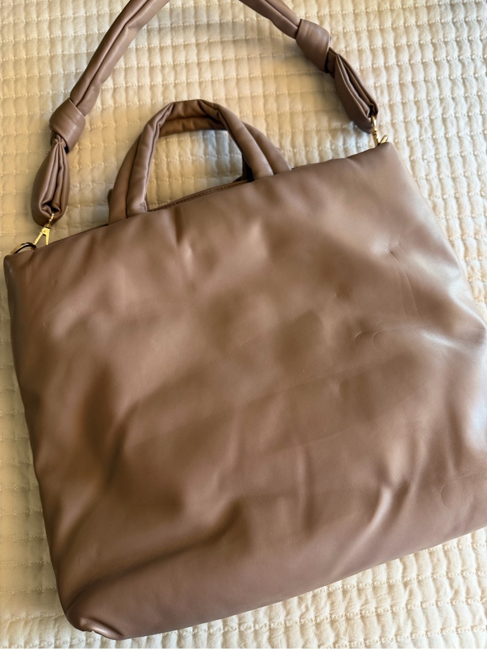 A New Day Taupe Puffer Tote Handbag Shoulder Bag Lightweight Travel Laptop Work - Picture 10 of 10